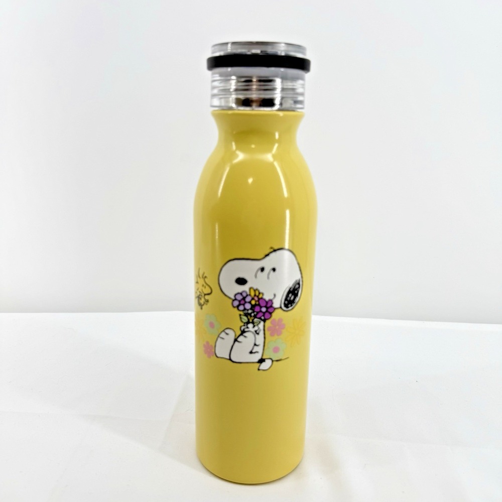 Peanuts Gang Snoopy & Woodstock Yellow Floral Theme Water Bottle 15oz 8.25" NEW
